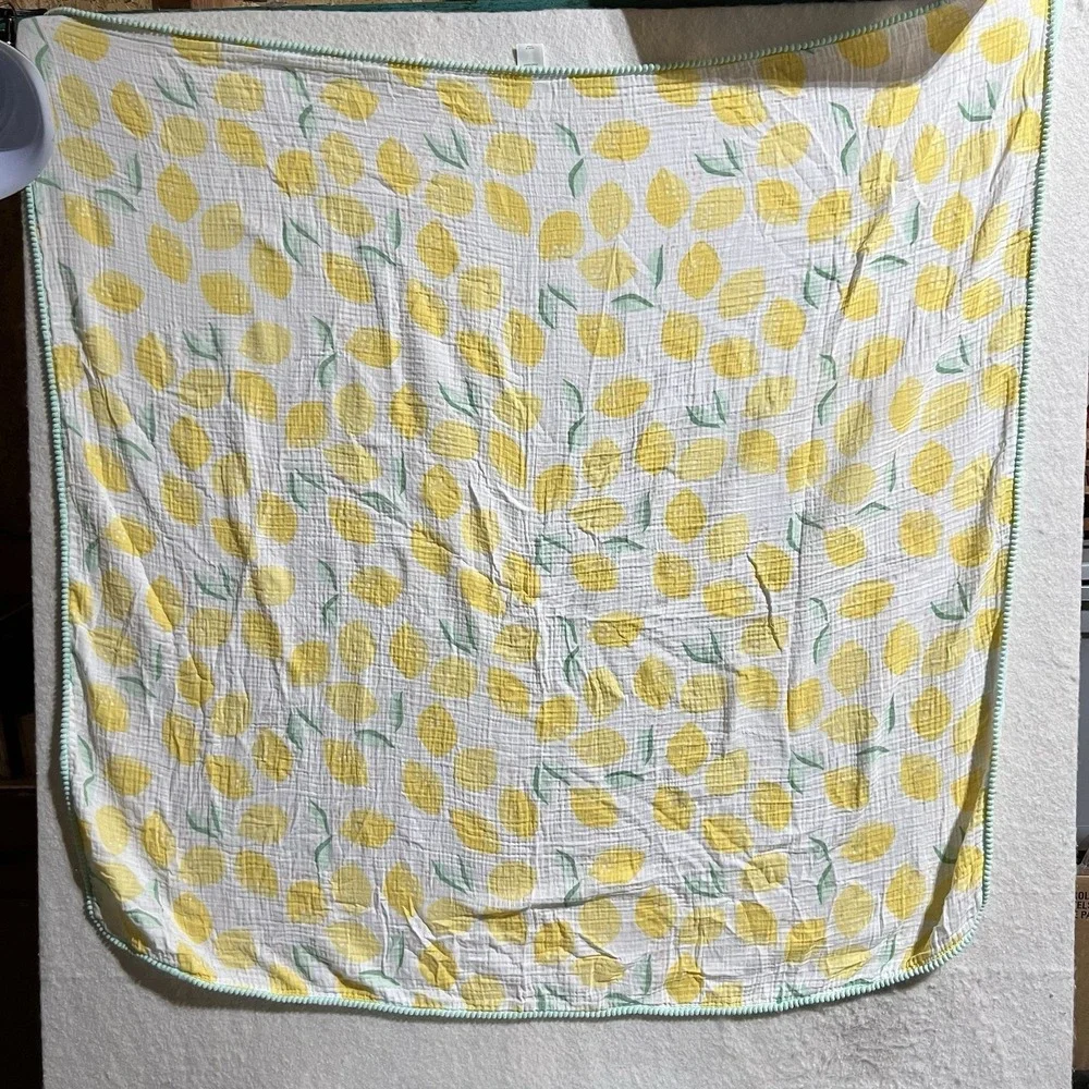 Muslin Baby Swaddle Blanket Yellow Lemon Print Mint Pom Pom Trim Cotton Gauze